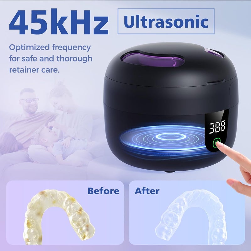 Eonini Waterproof Ultrasonic Retainer Cleaner Machine with 180ml Removable Water Tank – 45kHz Ultrasonic Cleaner for Mouth Guards, Jewelry, and Retainer Cleaner– Digital Timer, Smart Pause (black) - Image 4
